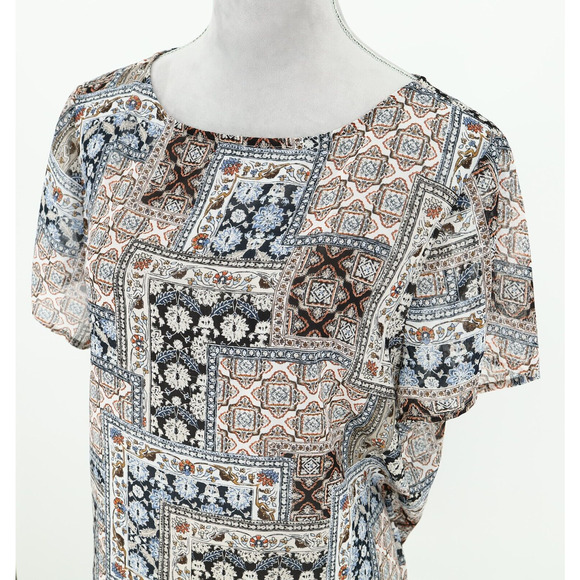 J Jill Top Womens Large Ivory Blue Sheer Blouse Back Pleats Whimsy Boho Chic - Picture 8 of 12